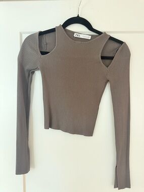 Zara Taupe Ribbed Asymmetric Cutout Long Sleeve Top